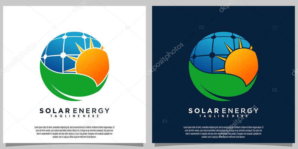 Sun solar energy logo design with solar panel tech