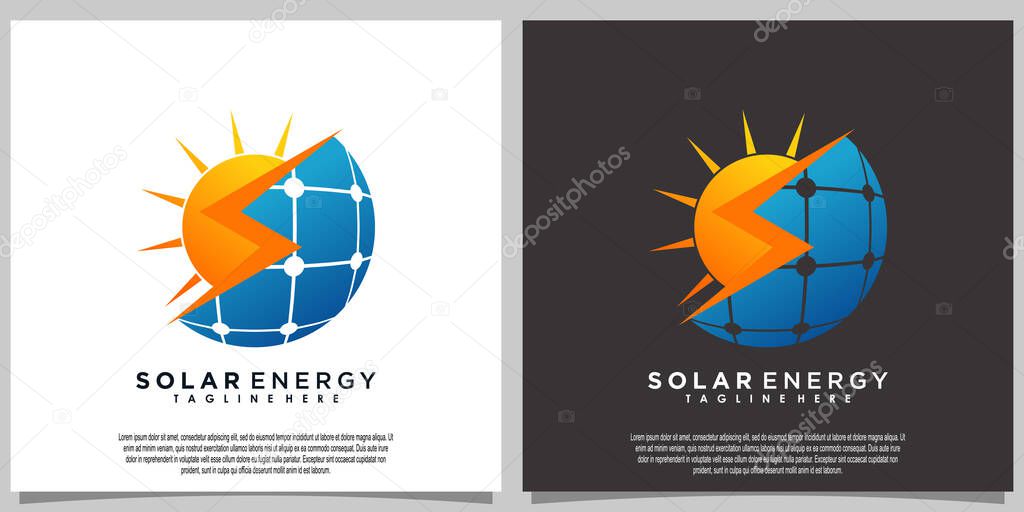 Sun solar energy logo design with solar panel tech
