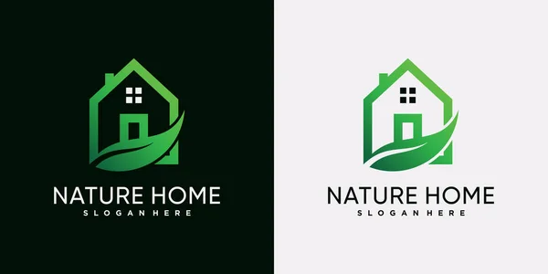 Design Loga Přírodního Domu Zeleným Listem Kreativním Prvkem — Stockový vektor