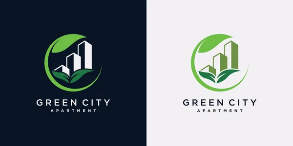 Modelo Design Logotipo Construção Cidade Verde Com Elemento Folha Conceito —  Vetores de Stock