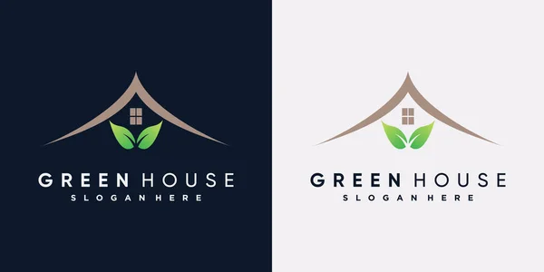 Modelo Design Logotipo Casa Verde Com Elemento Folha Conceito Criativo — Vetor de Stock