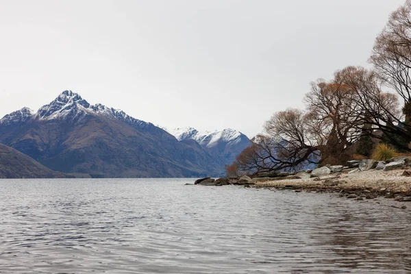 뉴질랜드 퀸스타운에서 발견되는 봉우리의 이미지는 전경에있는 호수와 나무와 배경에 피크에 — 스톡 사진