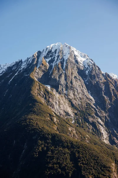 Mitre Peak Located Milford Sounds Mountian Snow Plantlife Ridgeline Running — Stock Photo, Image