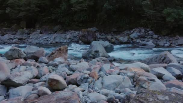 ミルフォードサウンドニュージーランドへのルート上の川と谷のパンニングショット — ストック動画