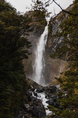 Şeytanın Yumruk Kâsesi 'nin bir fotoğrafı, Arthur' un Yeni Zelanda Geçidi 'nde bir şelale. Şelalenin çevresinde çok sayıda yemyeşil yağmur ormanı vardır. Fotoğraf yağmurlu bir günde çekildi bu yüzden gökyüzü bulutluydu ve şelale çok fazla sis yaratıyor.