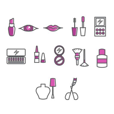 Makyaj ve kozmetik çizgisi ikonları 2 set. Güzellik, kadın yüzü, ruj, göz farı, temel göz kalemi, aletler gibi simgeleri içerir.