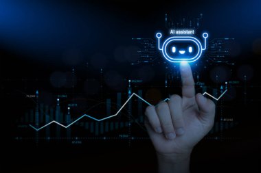  Koyu arkaplanda dijital finansal grafiği olan parlayan yapay zeka asistanı sohbet robotu ikonu. Yapay zeka kavramı, fintech, müşteri hizmetleri, otomasyon ve gelecekteki teknoloji.