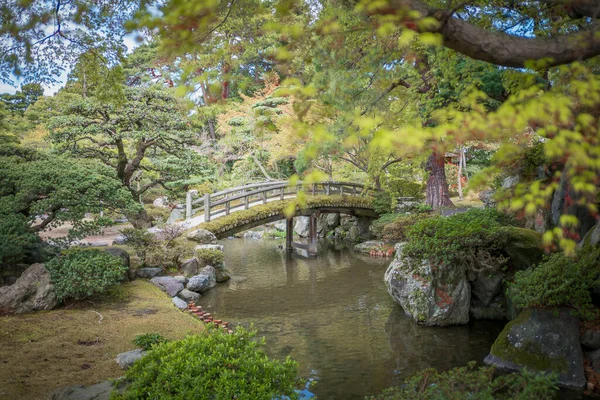 Kyoto Japonya 'daki yeşil yansımalı su köprüsü ağacı, Asya İmparatorluk Sarayı tarihi doğa parkı manzarası, açık doğulu zen Asya geleneği gezisi