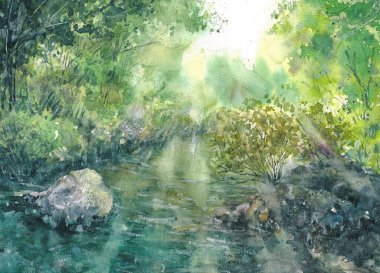 Nehir kıyısı Güneş Işığı Doğa Eli suluboya resim çizdi