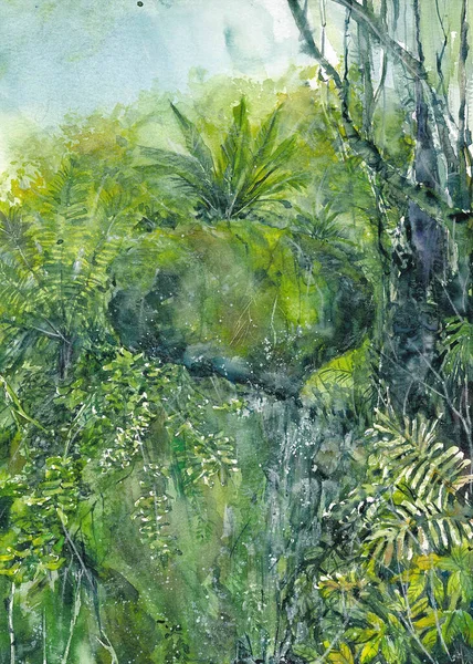 Green Tropical Forest Hand drawn Watercolor Painting