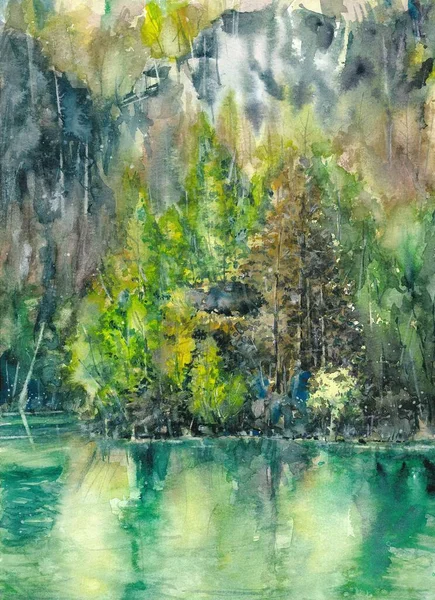 Green Water Nature Hand drawn Watercolor Painting