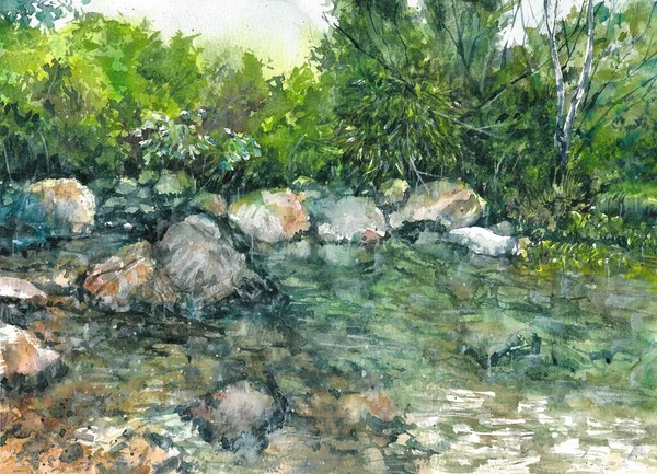 Pond Waterfall Nature Hand Drawn Watercolor Painting — Stock Photo, Image
