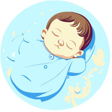 Yeni doğmuş bebek uyuyordu. Gözleri kapalıydı. Mavi düz çizgili vektör.