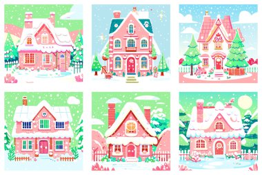 Grafiksel olarak, Winter 'ın şirin pembe ev peri masalı ve Noel ağacı illüstrasyon vektörü