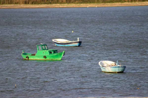 Pequenos Barcos Lago Rebocado Luz Dia — Fotografia de Stock
