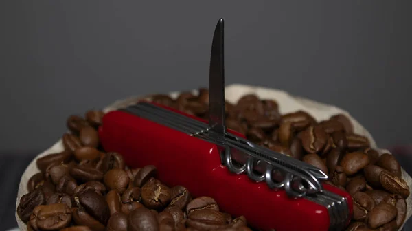 滤纸上的多功能红袖珍小刀和白色陶瓷V形咖啡酿造工具中新鲜烘烤咖啡豆的宏观拍摄 — 图库照片