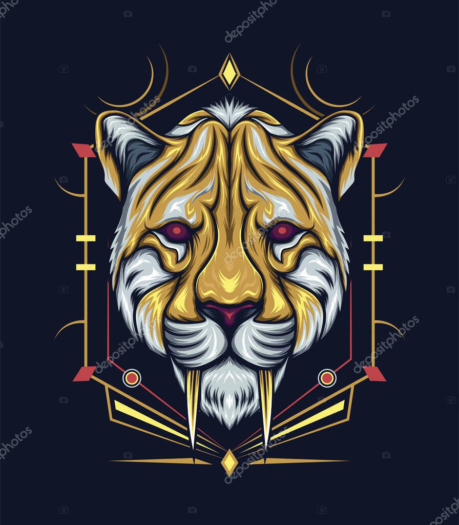 Colorful Smilodon head sacred geometry. Saber tooth logo