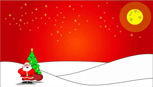 Santa Claus Nieve Bajo Luz Luna Fondo Rojo Navidad — Vector de stock