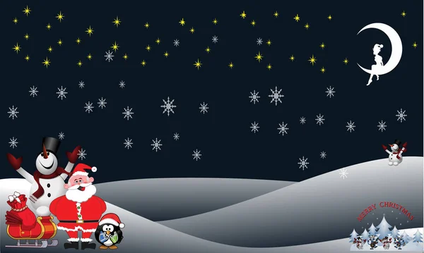 Santa Claus Nieve Bajo Luna Con Luz Del Clipart Copo — Vector de stock