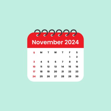 Kasım 2024 Takvim Yaprağı. Düz stil vektör stok illüstrasyonunda takvim 2024.