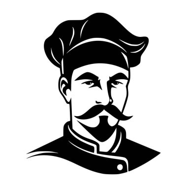 Şef logosu, şef kostümü, şapka ve bıyık maskotu olan erkekler.