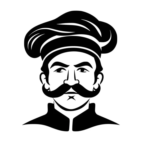 Meisterkoch Maskottchen Mann Mit Schnurrbart Und Hut Abbildung Für Logo — Stockvektor