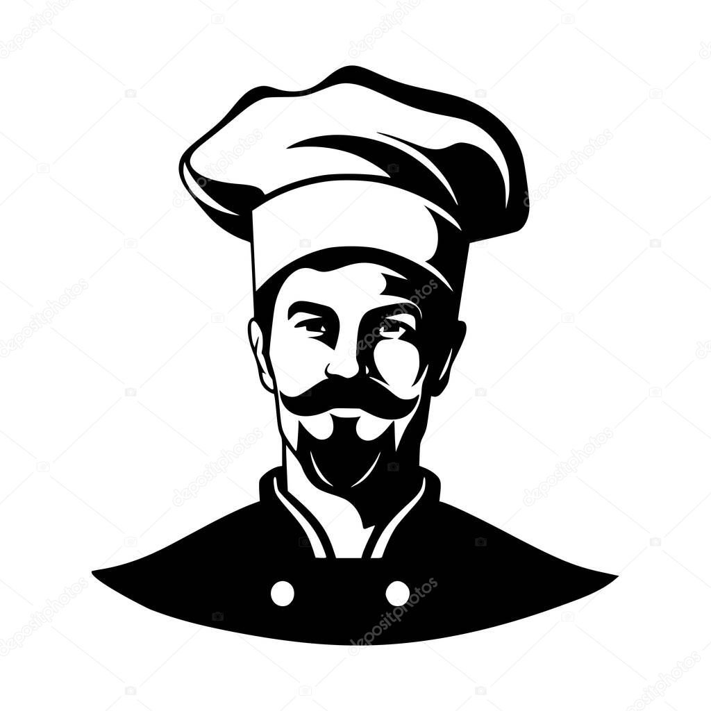 Master chef logo, man with chef hat and mustache silhouette symbol mascot