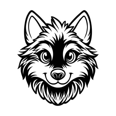 İri yapılı, karikatürlü, evcil köpek kafası. Siyah beyaz çizimler.