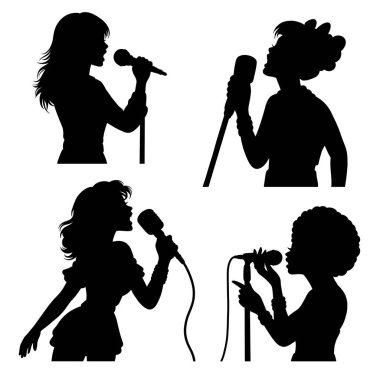 Kadın vokalist mikrofon siluetiyle şarkı söylüyor.