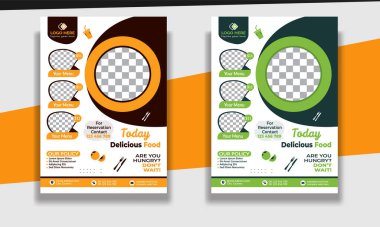 Fast Food Flyer tasarım şablonu, restoran menüsü, yemek siparişi, pizza, hamburger, patates kızartması ve soda. Poster, broşür, kapak, menü, broşür için vektör ilülasyonu.