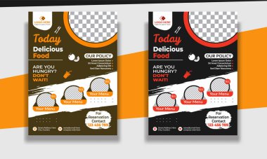 Fast Food Flyer tasarım şablonu, restoran menüsü, yemek siparişi, pizza, hamburger, patates kızartması ve soda. Poster, broşür, kapak, menü, broşür için vektör ilülasyonu.