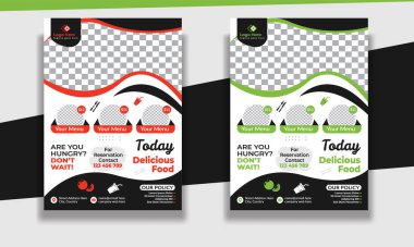 Fast Food Flyer tasarım şablonu, restoran menüsü, yemek siparişi, pizza, hamburger, patates kızartması ve soda. Poster, broşür, kapak, menü, broşür için vektör ilülasyonu.