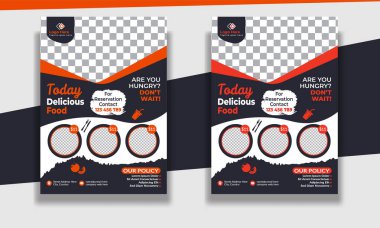 Fast Food Flyer tasarım şablonu, restoran menüsü, yemek siparişi, pizza, hamburger, patates kızartması ve soda. Poster, broşür, kapak, menü, broşür için vektör ilülasyonu.