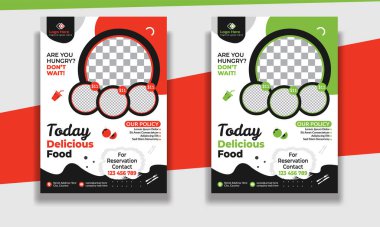 Fast Food Flyer tasarım şablonu, restoran menüsü, yemek siparişi, pizza, hamburger, patates kızartması ve soda. Poster, broşür, kapak, menü, broşür için vektör ilülasyonu.