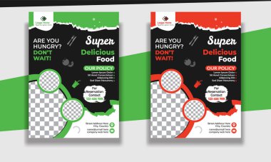 Fast Food Flyer tasarım şablonu, restoran menüsü, yemek siparişi, pizza, hamburger, patates kızartması ve soda. Poster, broşür, kapak, menü, broşür için vektör ilülasyonu.