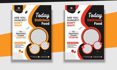 Fast Food Flyer tasarım şablonu, restoran menüsü, yemek siparişi, pizza, hamburger, patates kızartması ve soda. Poster, broşür, kapak, menü, broşür için vektör ilülasyonu.