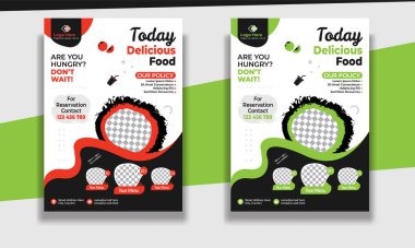 Fast Food Flyer tasarım şablonu, restoran menüsü, yemek siparişi, pizza, hamburger, patates kızartması ve soda. Poster, broşür, kapak, menü, broşür için vektör ilülasyonu.