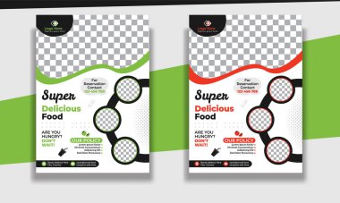 Fast Food Flyer tasarım şablonu, restoran menüsü, yemek siparişi, pizza, hamburger, patates kızartması ve soda. Poster, broşür, kapak, menü, broşür için vektör ilülasyonu.