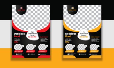 Fast Food Flyer tasarım şablonu, restoran menüsü, yemek siparişi, pizza, hamburger, patates kızartması ve soda. Poster, broşür, kapak, menü, broşür için vektör ilülasyonu.