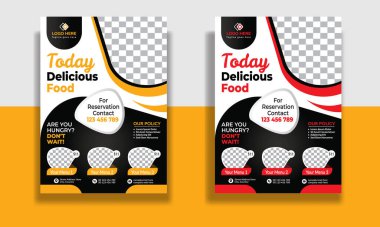 Fast Food Flyer tasarım şablonu, restoran menüsü, yemek siparişi, pizza, hamburger, patates kızartması ve soda. Poster, broşür, kapak, menü, broşür için vektör ilülasyonu.