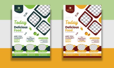 Fast Food Flyer tasarım şablonu, restoran menüsü, yemek siparişi, pizza, hamburger, patates kızartması ve soda. Poster, broşür, kapak, menü, broşür için vektör ilülasyonu.