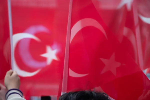 Tureckie Flagi Narodowe Tureckie Flagi Narodowe Daleka Ankarze Skupienie Selektywne — Zdjęcie stockowe