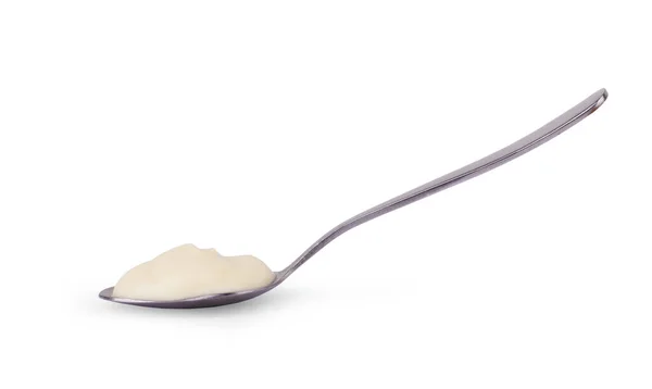 Yoghurt Met Lepel Geïsoleerd Witte Achtergrond — Stockfoto