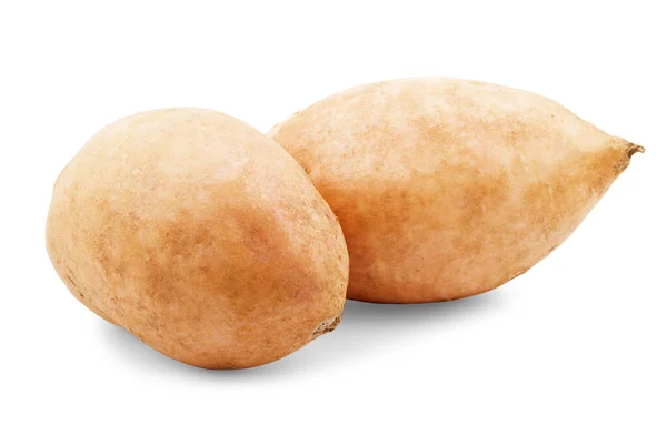 Zoete Aardappel Met Plakjes Geïsoleerd Wit — Stockfoto