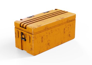 Karton kutunun içinde makineli tüfek, teslimat konsepti. Beyaz arkaplanda 3B görüntüleme izole edildi 