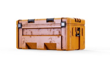 Karton kutunun içinde makineli tüfek, teslimat konsepti. Beyaz arkaplanda 3B görüntüleme izole edildi