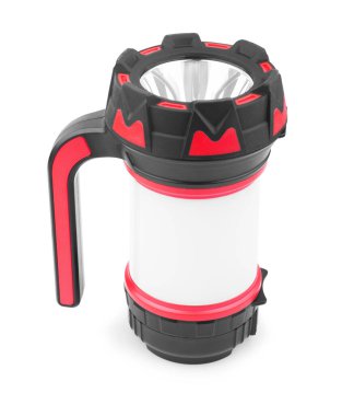 Siyah metalik el feneri yakın çekim beyaz bir arka plan üzerinde izole