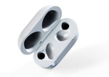 Beyaz çantadaki kablosuz bluetooth kulaklıklar beyaz arka planda izole edilmiş. Müzik dinlemek ya da evden uzak çalışmak için aksesuarların 3B görüntülenmesi