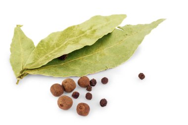 Beyaz arkaplanda Aromatik körfez yaprakları