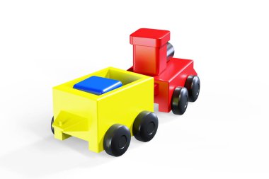 tahta tren oyuncak, 3D çizimi altın külçeleri, altın, yan görünümden çok çeşitli ambar arasında koridor otomobillerde altın külçelerini taşır. Görüntü beyaz arka plan üzerinde izole.